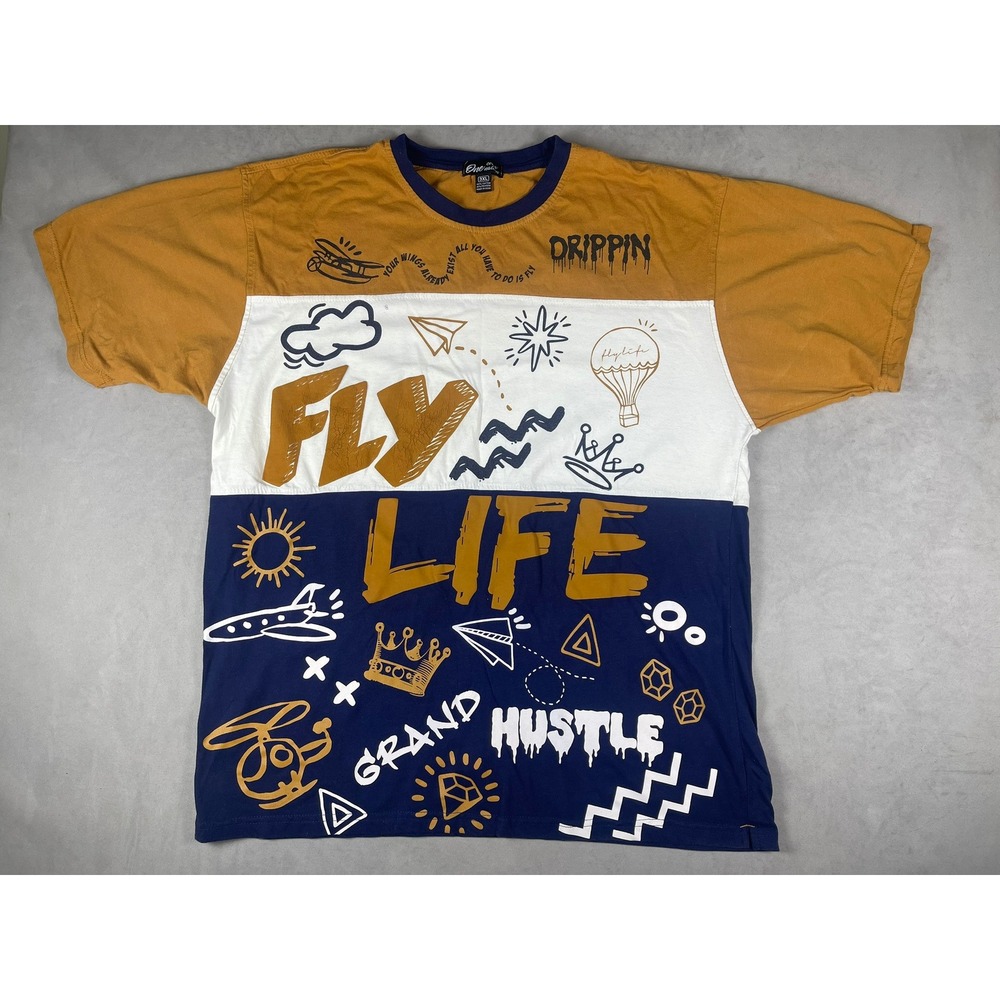 One Nation Fly Life Grand Hustle Graphic T-Shirt Men 3XL Colorblock Mustard Blue